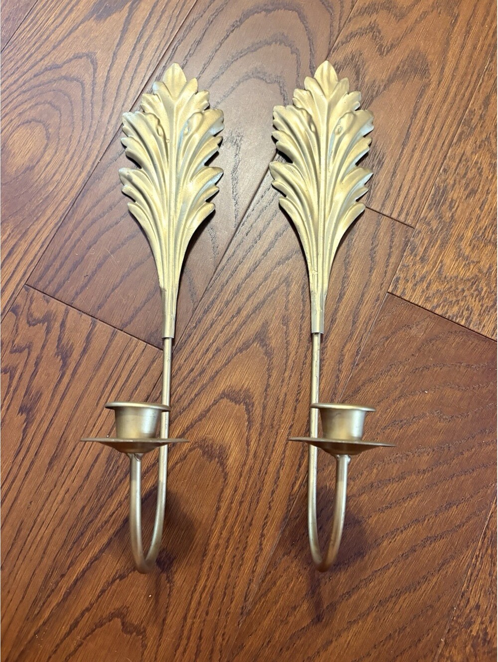 MCM Leaf Wall Candle Sconces Gold Brass Color Metal Ornate Tall 15” Pair Set 2